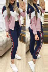 Colorblock Letter Tape Jack & Drawstring Pants Set