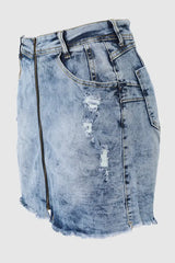 Zip Up Ripped Raw Hem Denim Skirt