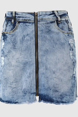 Zip Up Ripped Raw Hem Denim Skirt