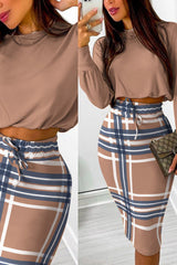 Long Sleeve Crop Top & Drawstring Plaid Skirt Set