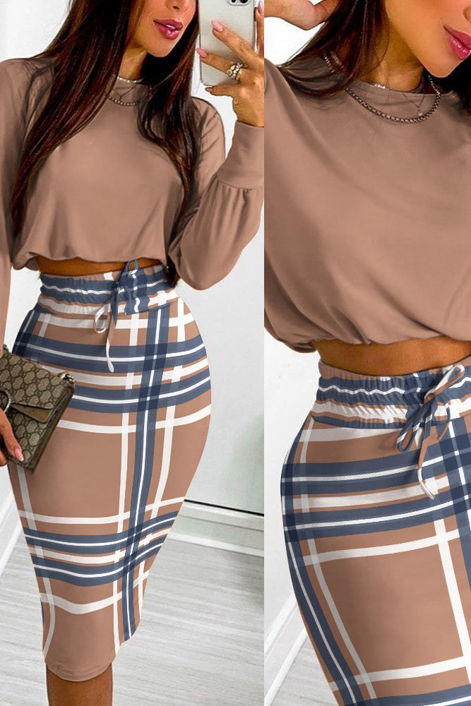 Long Sleeve Crop Top & Drawstring Plaid Skirt Set