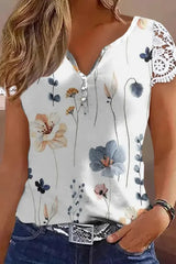 Floral Print Notch Neck Lace Patch Top