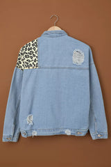 Sky Blue Leopard Splicing Cropped Denim Jacket with Pocket