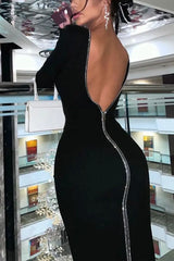 Rhinestone Zipper Backless Bodycon Dress