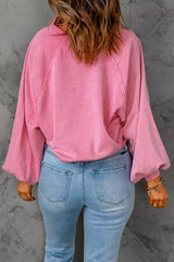 Pink Washed Snap Buttons Lantern Sleeve Pullover Sweatshirt