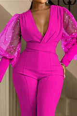 Glitter Sheer Mesh Puff Lantern Sleeve High Waist Jumpsuit