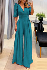 Puff Sleeve Wide Leg Flared Jumpsuit