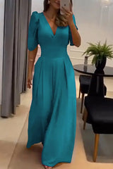 Puff Sleeve Wide Leg Flared Jumpsuit