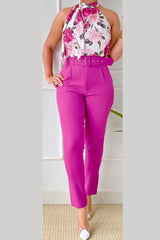 Floral Print Halter Tank Top & High Waist Pants Set With Belt