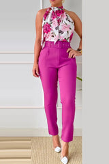 Floral Print Halter Tank Top & High Waist Pants Set With Belt