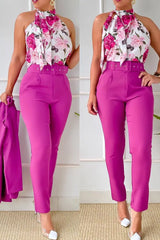 Floral Print Halter Tank Top & High Waist Pants Set With Belt