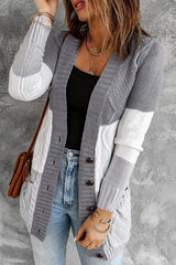 Colorblock Pocket Button Design Braided Knit Cardigan