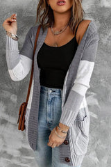 Colorblock Pocket Button Design Braided Knit Cardigan