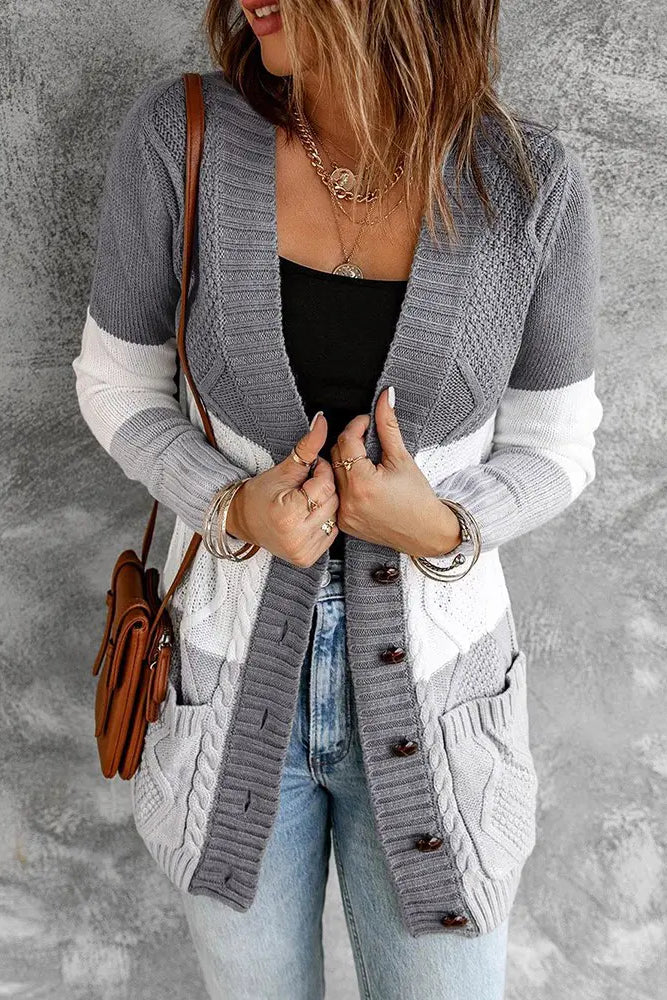 Colorblock Pocket Button Design Braided Knit Cardigan