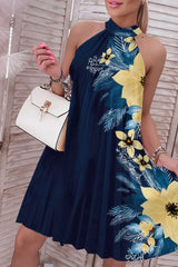 Plants Print Halter Pleated Casual Dress