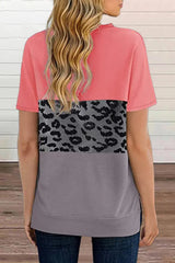 Colorblock Leopard Print Round Neck T-Shirt