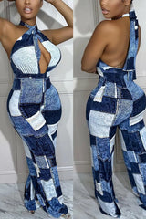 Denim Look Print Halter Backless Jumpsuit