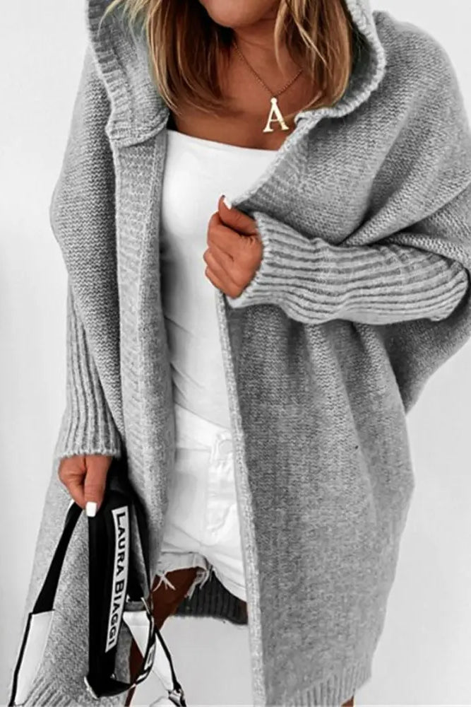 Open Front Batwing Sleeve Hooded Cardigan