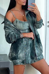 3PCS Tie Dye Print Crop Cami Top & Shorts Set With Coat