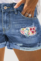 Floral Print Patchwork Ripped Raw Hem Denim Shorts