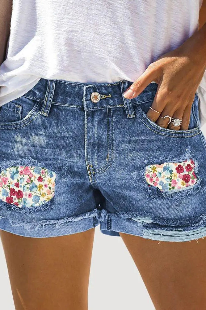 Floral Print Patchwork Ripped Raw Hem Denim Shorts