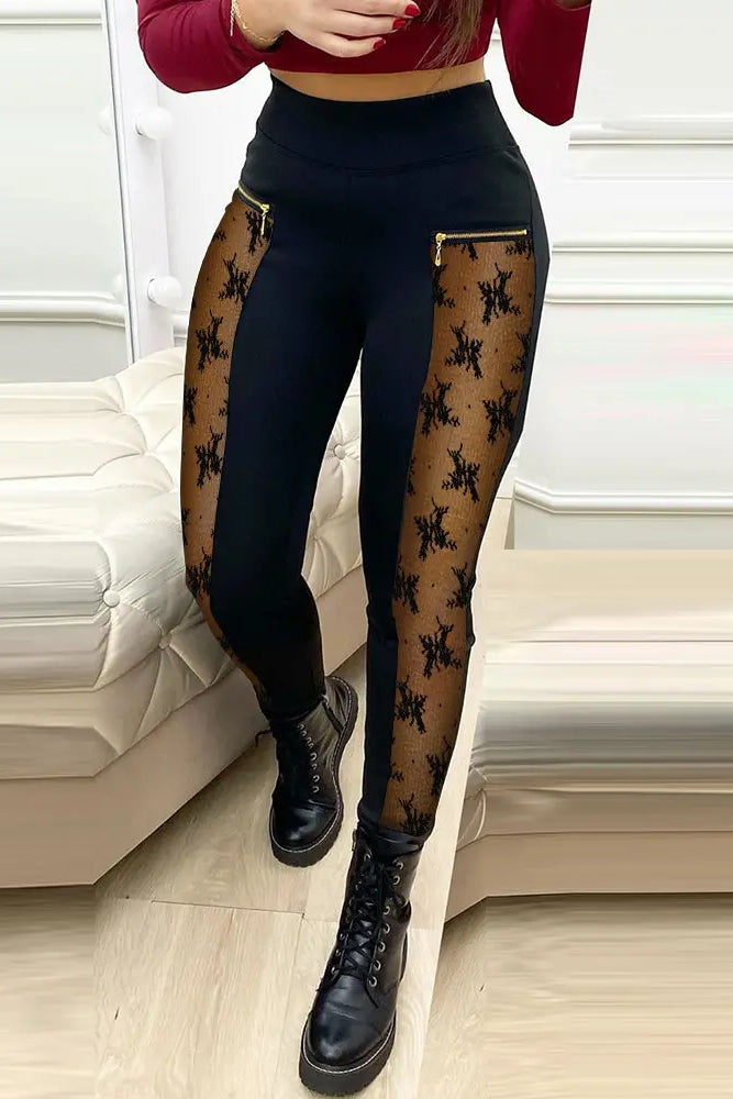 Contrast Lace Zipper Detail Skinny Pants