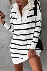 Striped Zip Front Long Sleeve Sweater Dress