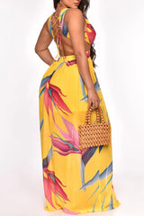 Tropical Print Backless Lace-up Maxi Dress