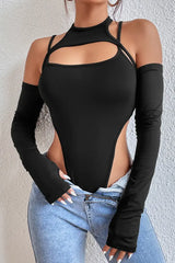 Patchwork Cutout Cold Shoulder Bodysuit