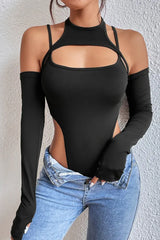 Patchwork Cutout Cold Shoulder Bodysuit