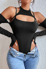 Patchwork Cutout Cold Shoulder Bodysuit