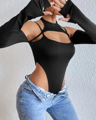 Patchwork Cutout Cold Shoulder Bodysuit