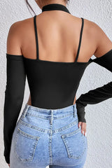 Patchwork Cutout Cold Shoulder Bodysuit