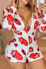 Lip Print Long Sleeve Button Front Onesie