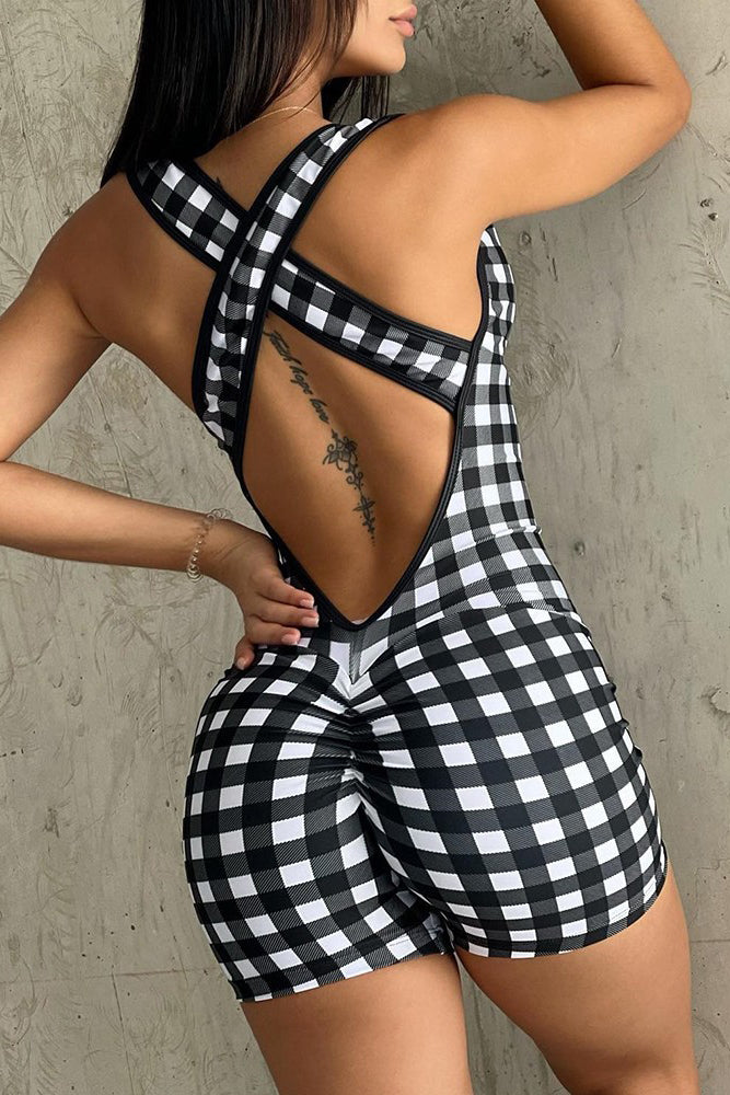 Plaid Print Crisscross Backless Ruched Romper