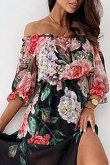 Floral Print Off Shoulder Slit Dress