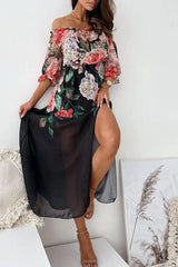 Floral Print Off Shoulder Slit Dress