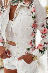 Floral Letter Print Long Sleeve Top & Shorts Set