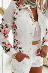 Floral Letter Print Long Sleeve Top & Shorts Set