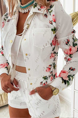 Floral Letter Print Long Sleeve Top & Shorts Set