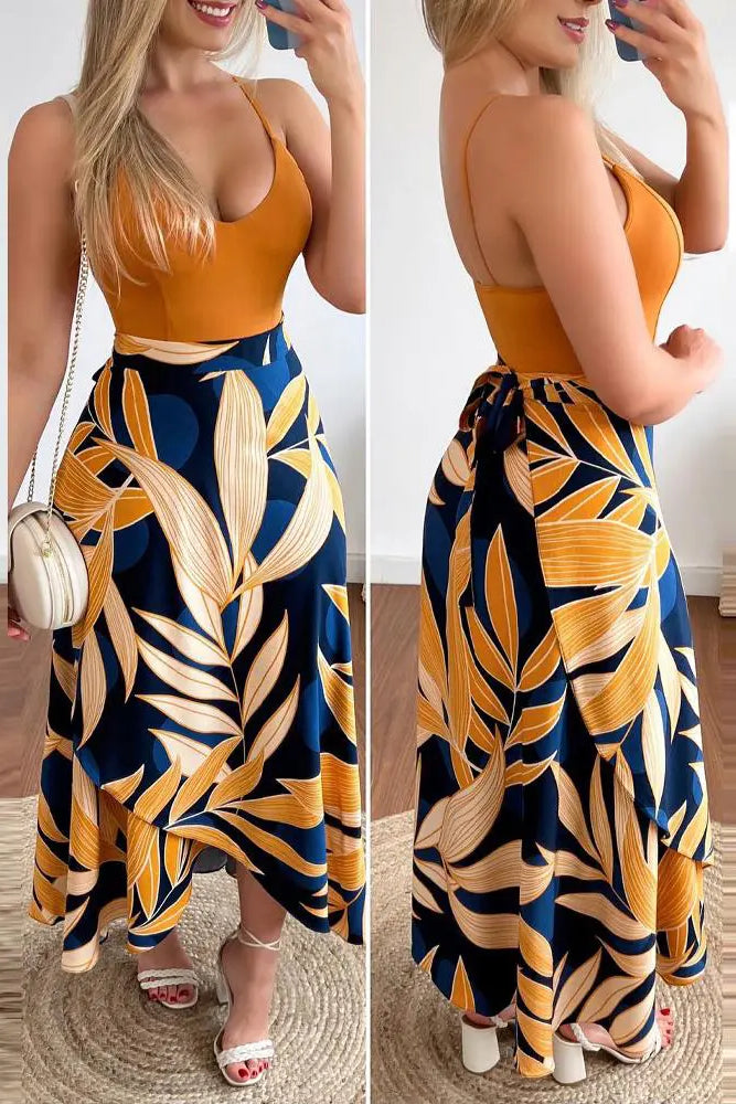 V-Neck Cami Top & Tropical Print Skirt Set