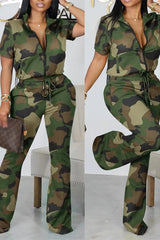 Camouflage Print Zip Up Top & Drawstring Pants Set