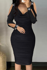 Rhinestone Decor Cold Shoulder Ruched Bodycon Dress