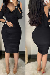 Rhinestone Decor Cold Shoulder Ruched Bodycon Dress