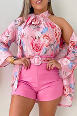 Floral Print Tie Neck Tank Top & High Waist Shorts Set With Coat