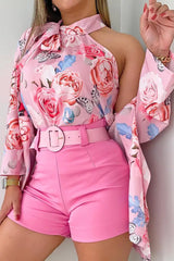 Floral Print Tie Neck Tank Top & High Waist Shorts Set With Coat