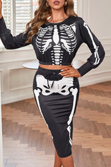 Halloween Skeleton Print Crop Top & Drawstring Skirt Set