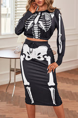 Halloween Skeleton Print Crop Top & Drawstring Skirt Set