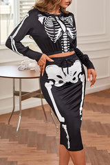 Halloween Skeleton Print Crop Top & Drawstring Skirt Set