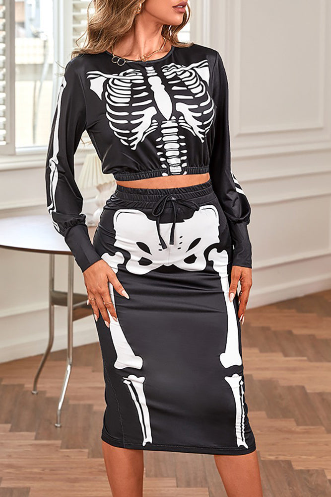 Halloween Skeleton Print Crop Top & Drawstring Skirt Set